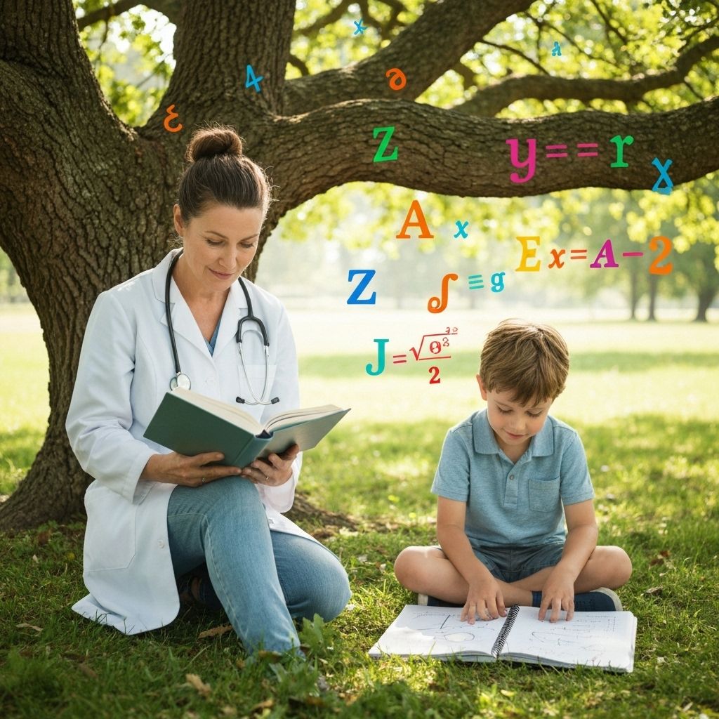 닥터안과 아이가 나무 아래에서 책을 읽는 모습